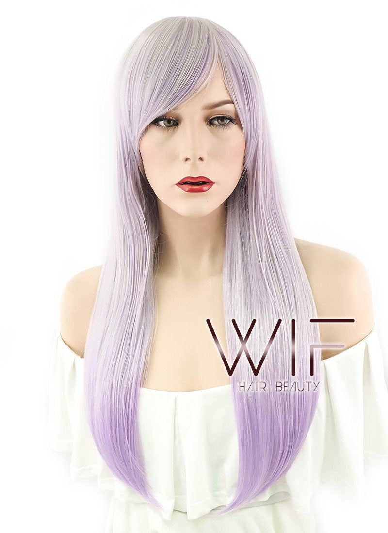 24" Straight Lilac Purple Grey Ombre Synthetic Wig PL474