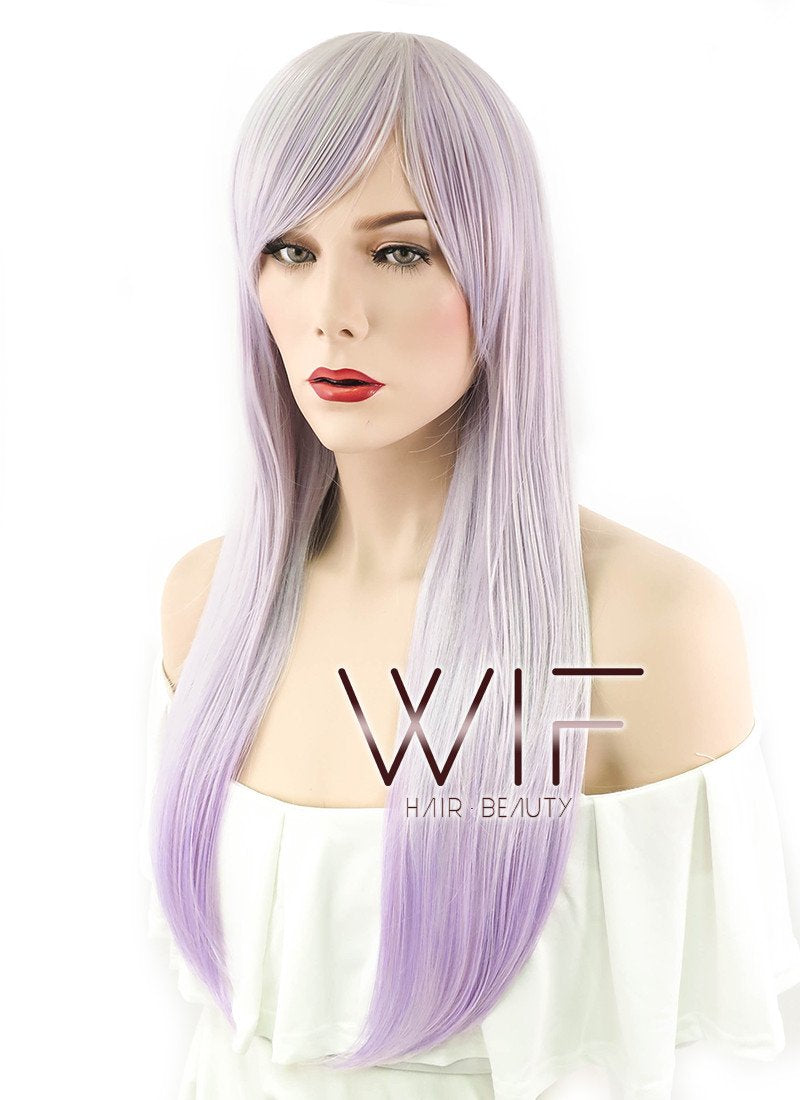 24" Straight Lilac Purple Grey Ombre Synthetic Wig PL474