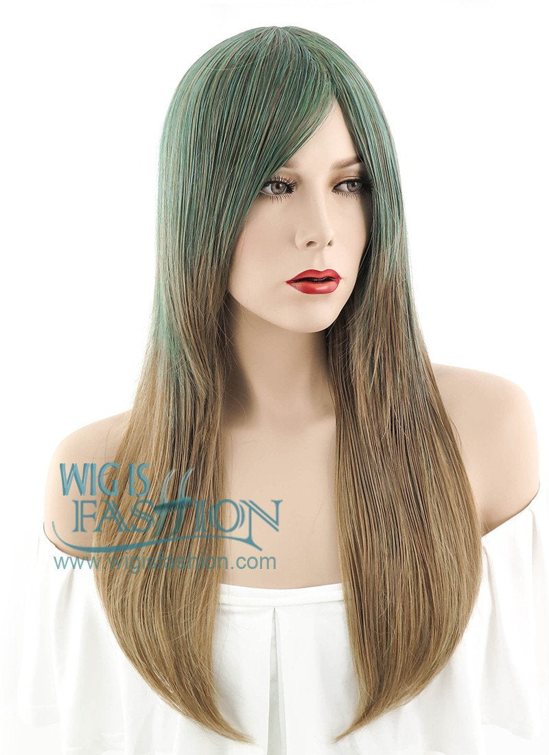 27" Long Straight Blonde Green Mixed Ombre Fashion Synthetic Hair Wig PL483