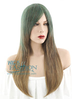 27" Long Straight Blonde Green Mixed Ombre Fashion Synthetic Hair Wig PL483