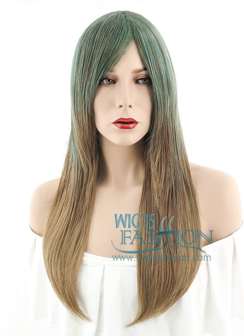 22" Straight Green Mixed Blonde Synthetic Wig PL483