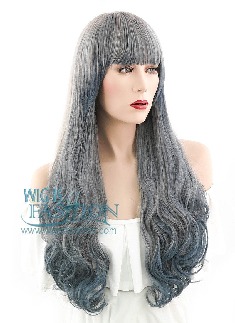 29" Long Curly Dark Light Grey Mixed Ombre Fashion Synthetic Hair Wig PL484