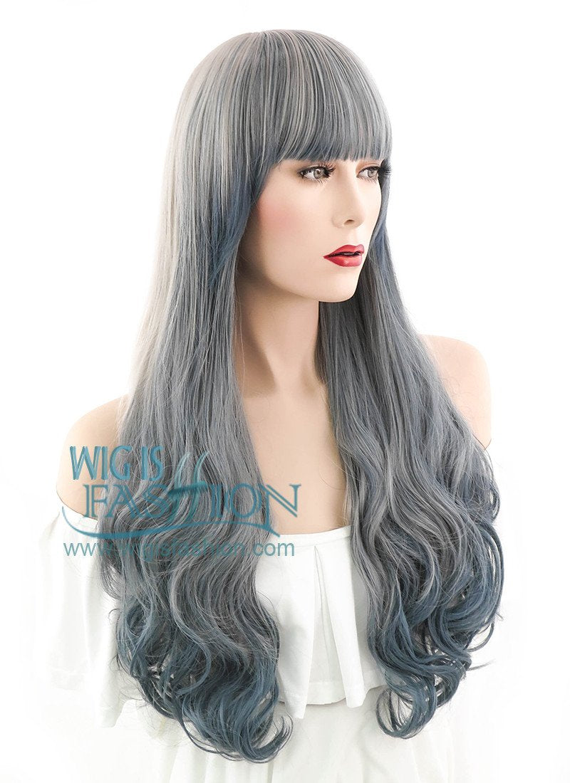 29" Long Curly Dark Light Grey Mixed Ombre Fashion Synthetic Hair Wig PL484