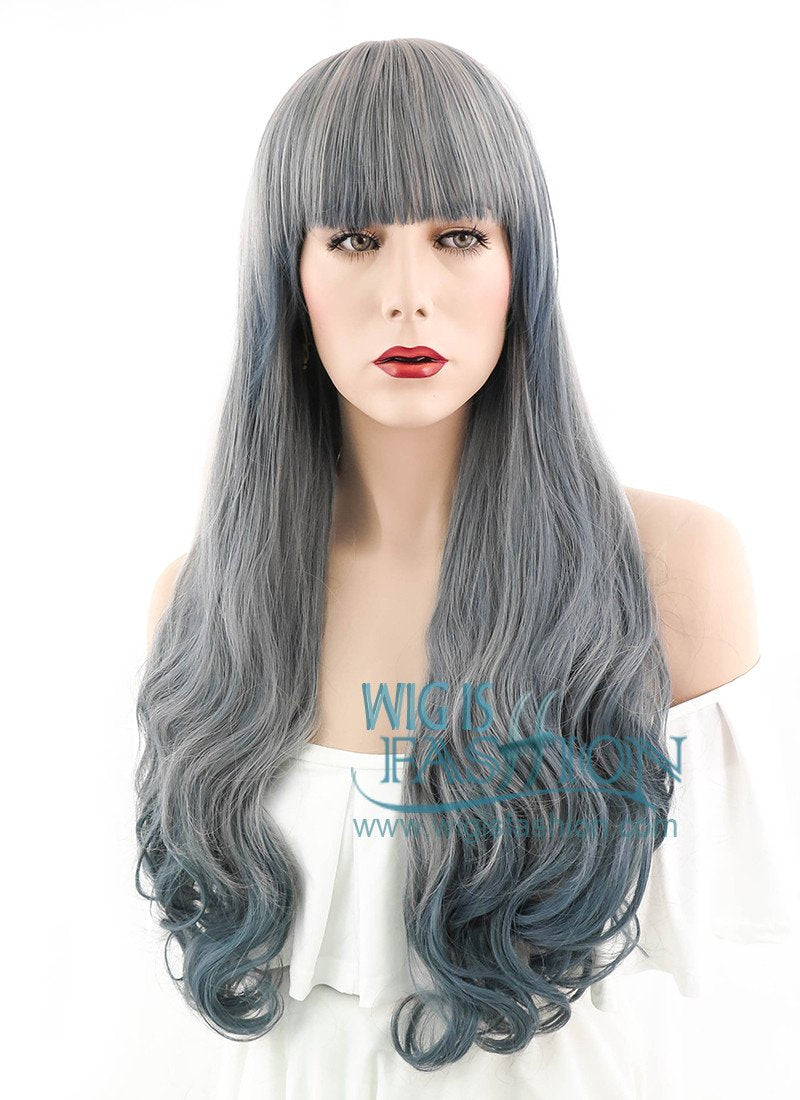 29" Long Curly Dark Light Grey Mixed Ombre Fashion Synthetic Hair Wig PL484