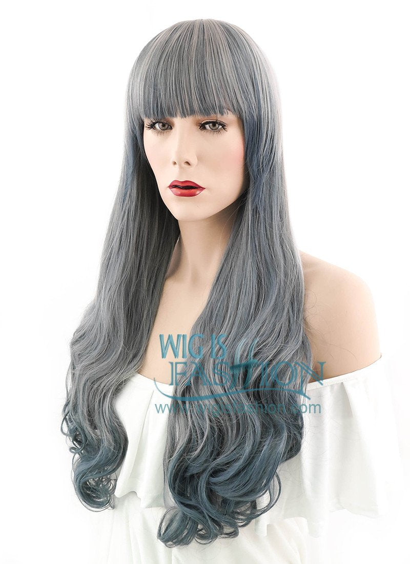 29" Long Curly Dark Light Grey Mixed Ombre Fashion Synthetic Hair Wig PL484