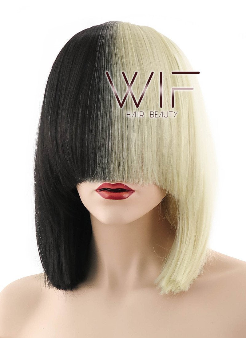 12" Straight Light Blonde Black Split Color Synthetic Wig PL485