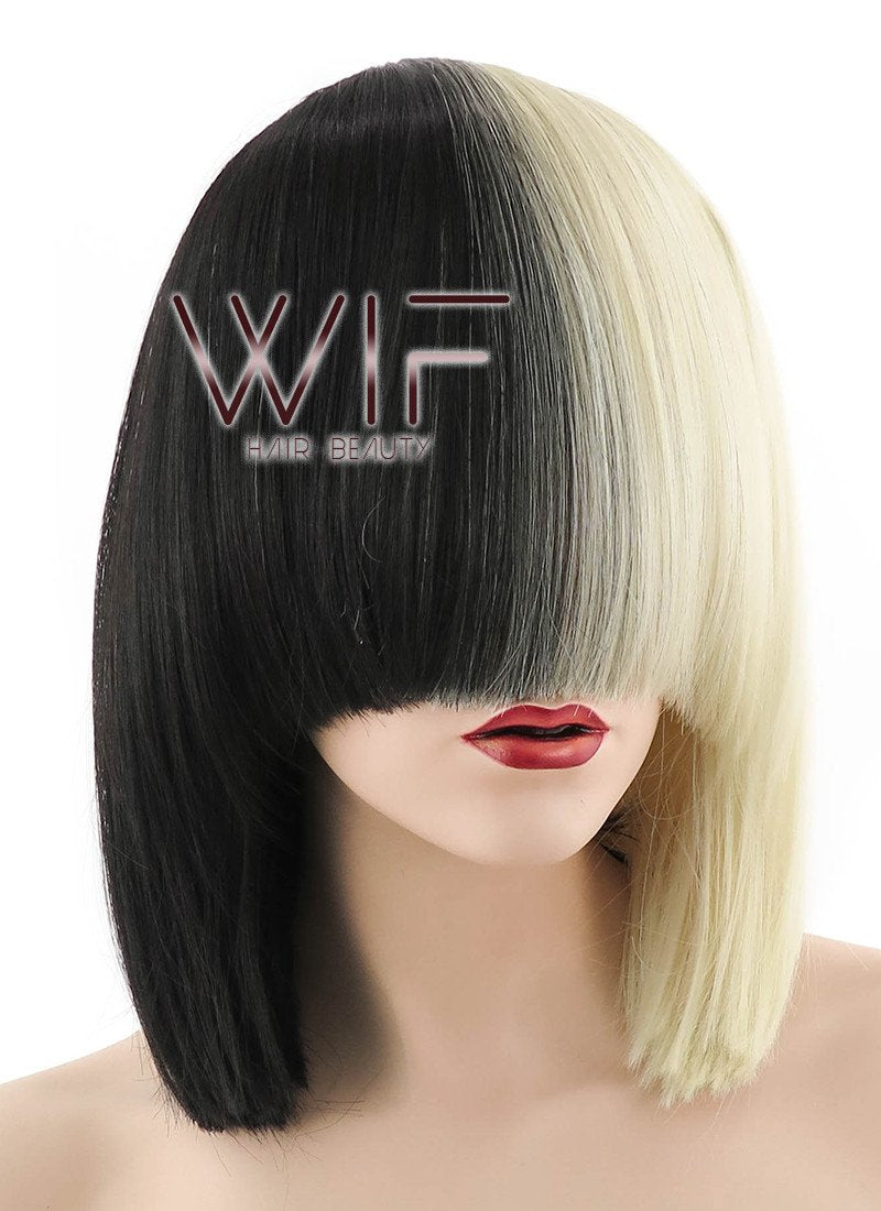 12" Straight Light Blonde Black Split Color Synthetic Wig PL485