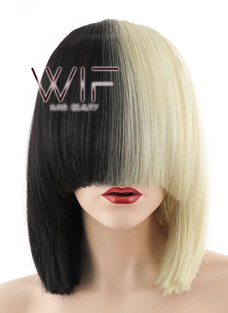 12" Straight Light Blonde Black Split Color Synthetic Wig PL485