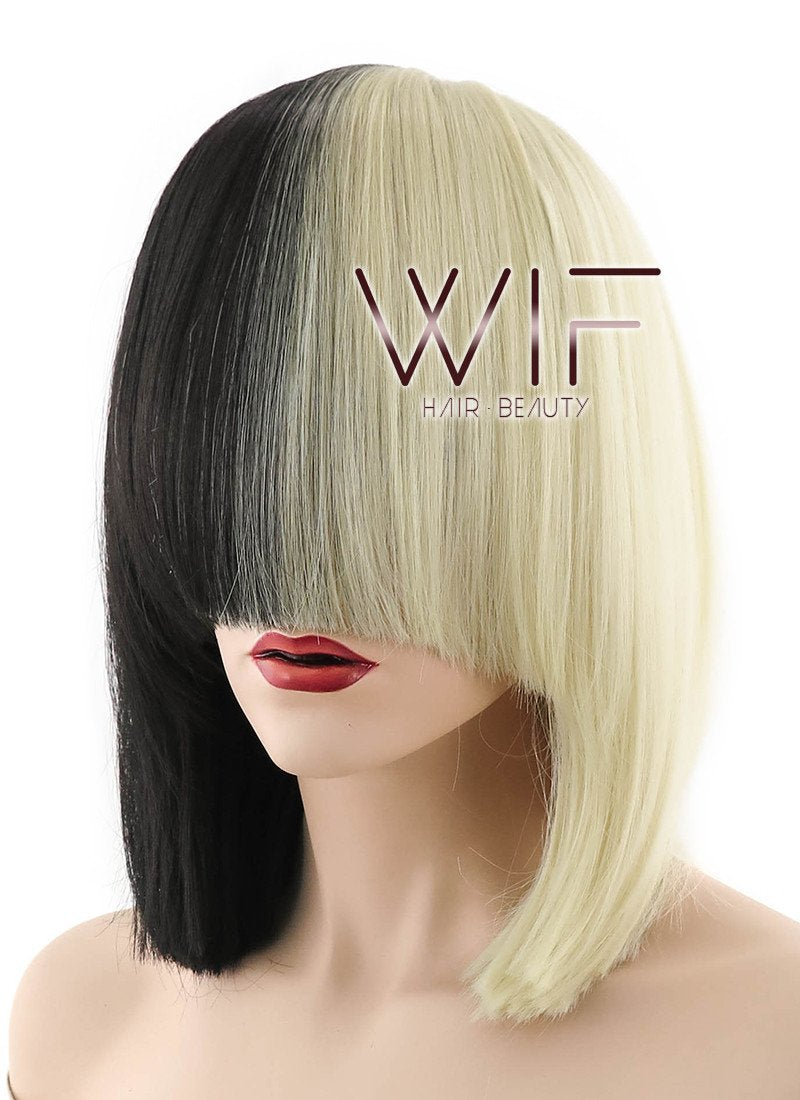 12" Straight Light Blonde Black Split Color Synthetic Wig PL485