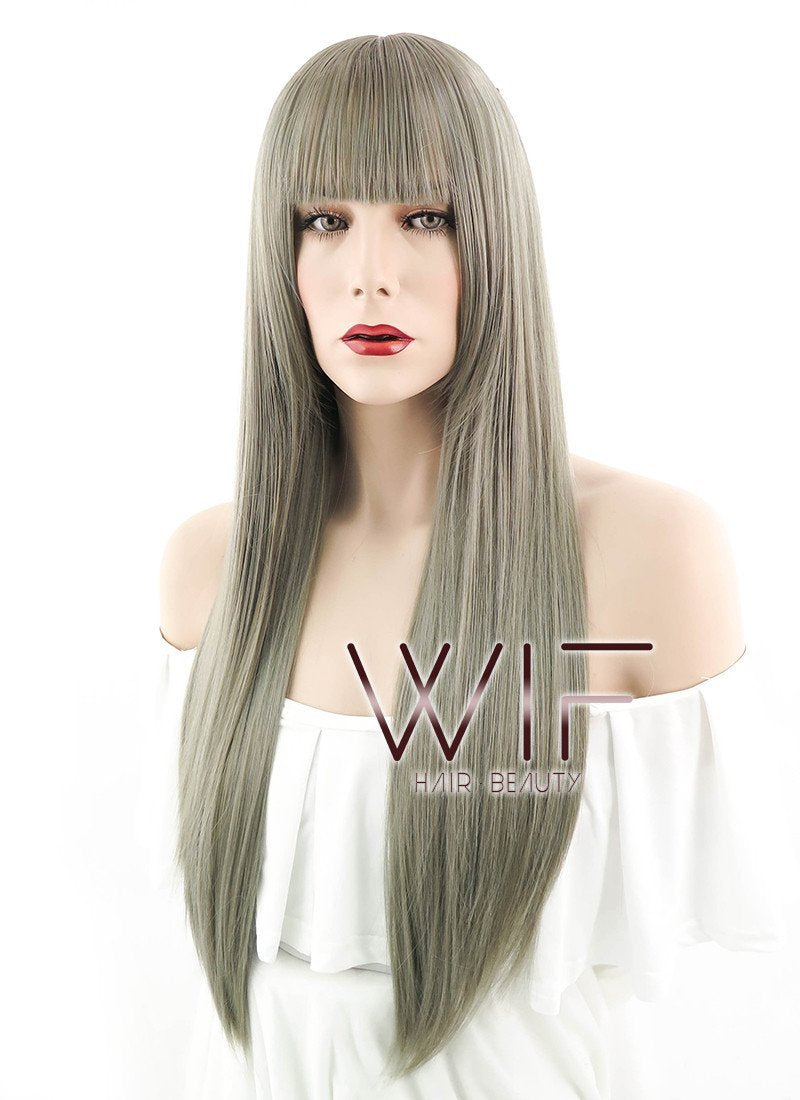 24" Straight Grey Mixed Dark Blonde Synthetic Wig PL486