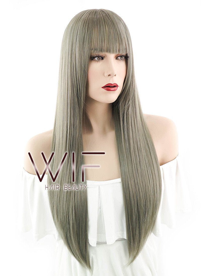24" Straight Grey Mixed Dark Blonde Synthetic Wig PL486