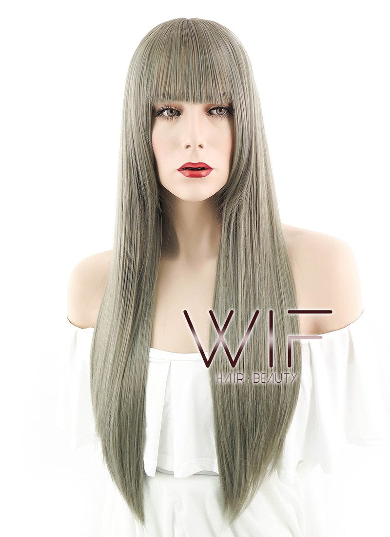 24" Straight Grey Mixed Dark Blonde Synthetic Wig PL486