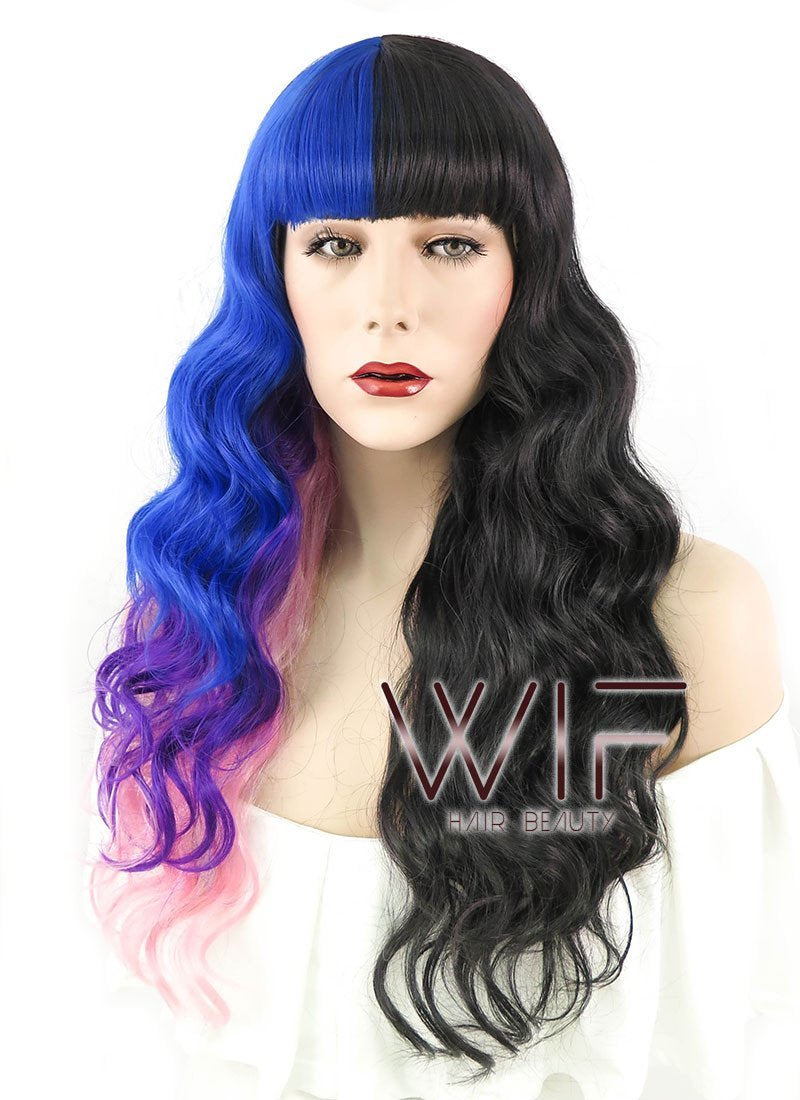 20" Wavy Blue Purple Pink Mixed Black Split Color Synthetic Wig PL491