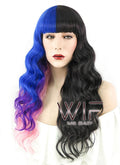 20" Wavy Blue Purple Pink Mixed Black Split Color Synthetic Wig PL491