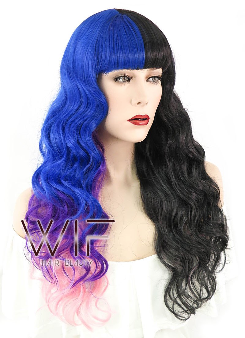 20" Wavy Blue Purple Pink Mixed Black Split Color Synthetic Wig PL491