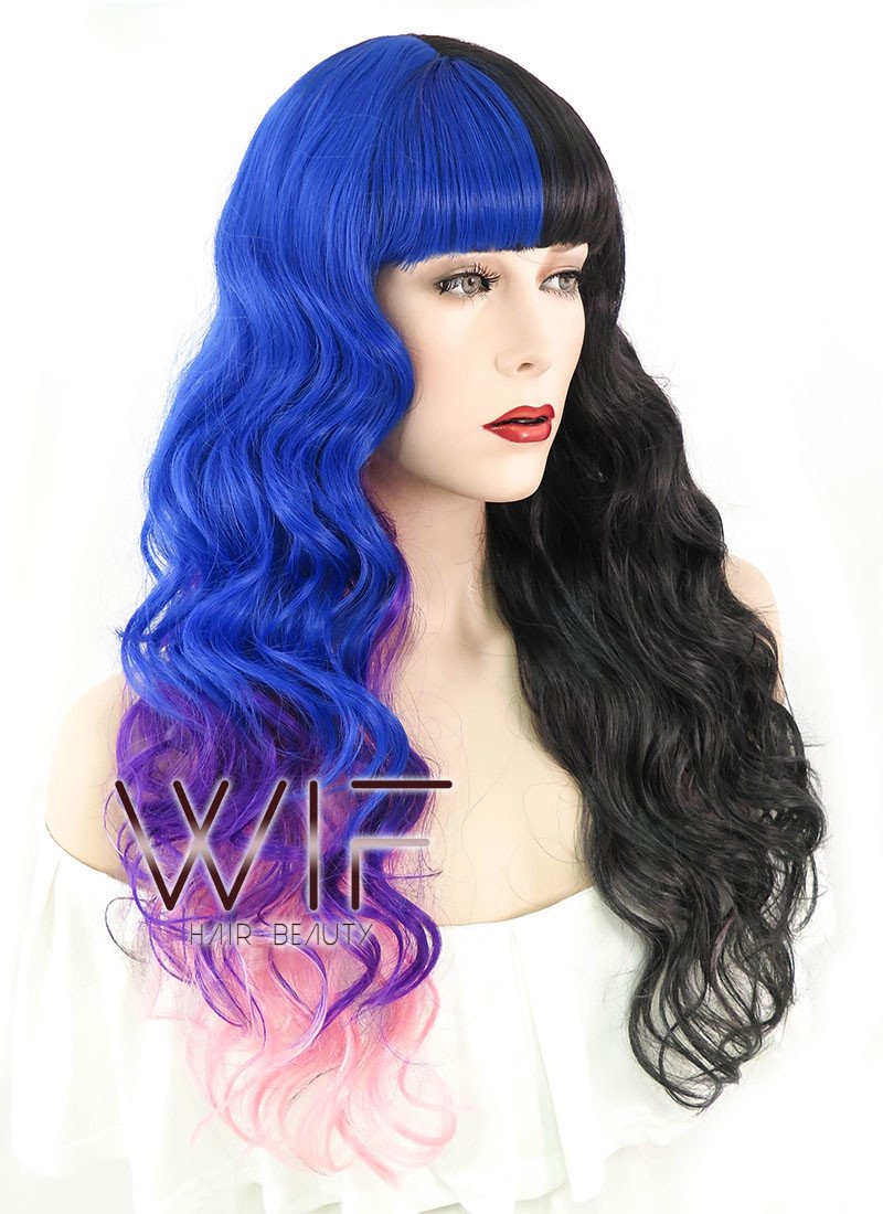 20" Wavy Blue Purple Pink Mixed Black Split Color Synthetic Wig PL491