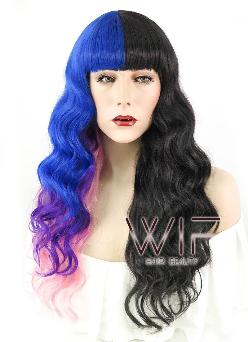 20" Wavy Blue Purple Pink Mixed Black Split Color Synthetic Wig PL491
