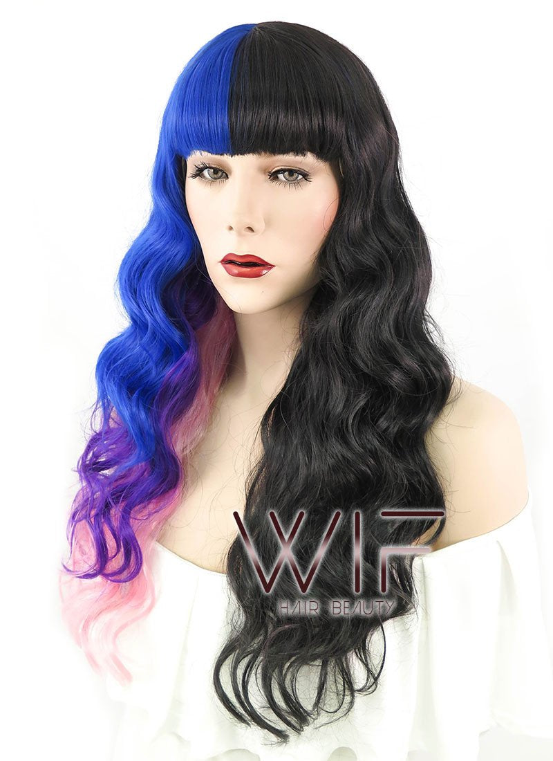 20" Wavy Blue Purple Pink Mixed Black Split Color Synthetic Wig PL491