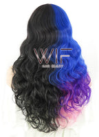 20" Wavy Blue Purple Pink Mixed Black Split Color Synthetic Wig PL491
