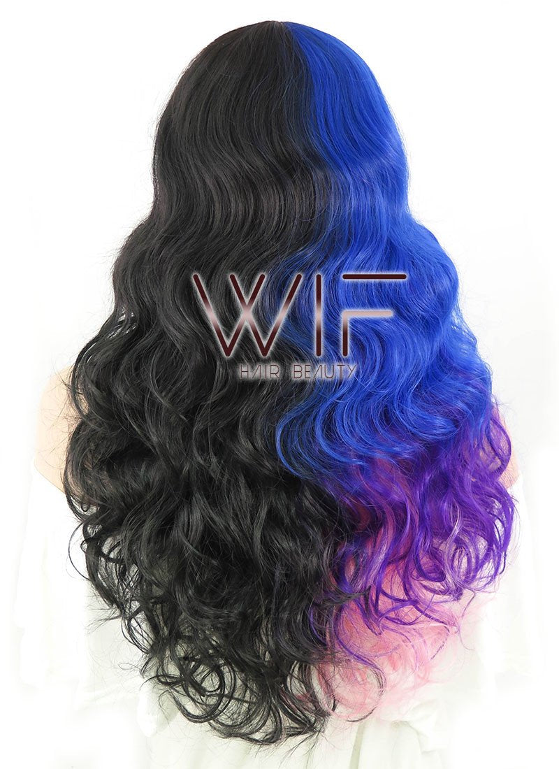 20" Wavy Blue Purple Pink Mixed Black Split Color Synthetic Wig PL491