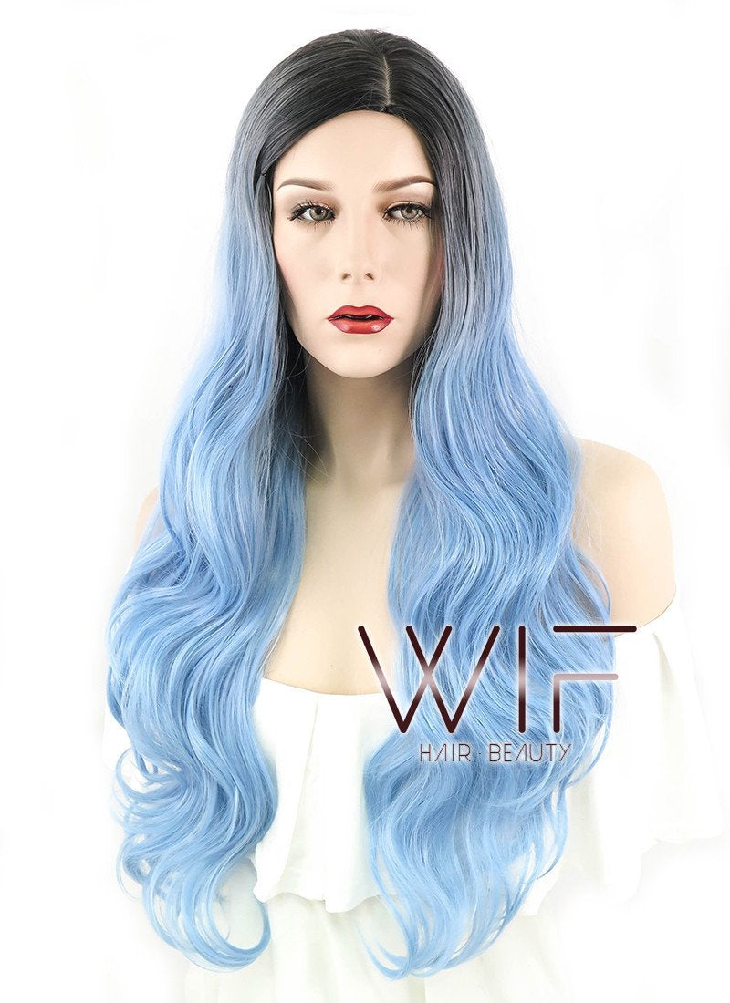 24" Wavy Light Blue With Dark Roots Synthetic Wig PL492