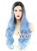 24" Wavy Light Blue With Dark Roots Synthetic Wig PL492