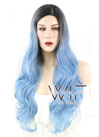 24" Wavy Light Blue With Dark Roots Synthetic Wig PL492