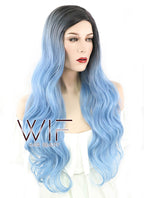 24" Wavy Light Blue With Dark Roots Synthetic Wig PL492