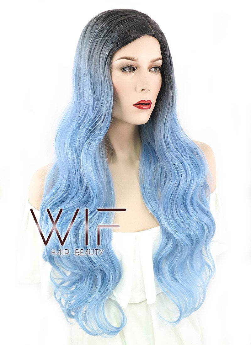 24" Wavy Light Blue With Dark Roots Synthetic Wig PL492