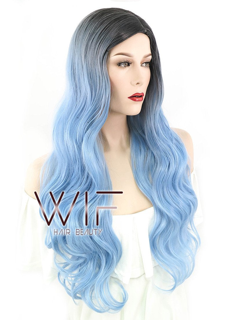 24" Wavy Light Blue With Dark Roots Synthetic Wig PL492