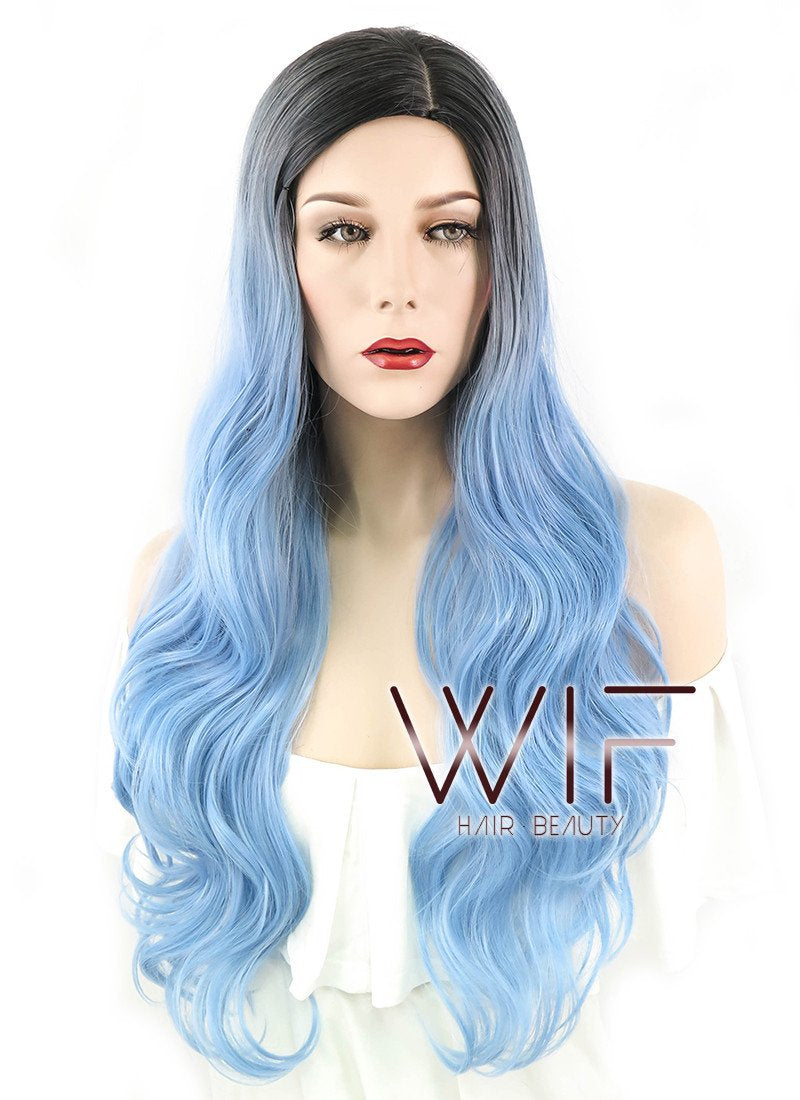 24" Wavy Light Blue With Dark Roots Synthetic Wig PL492