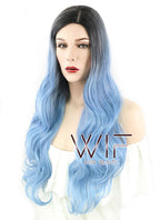 24" Wavy Light Blue With Dark Roots Synthetic Wig PL492