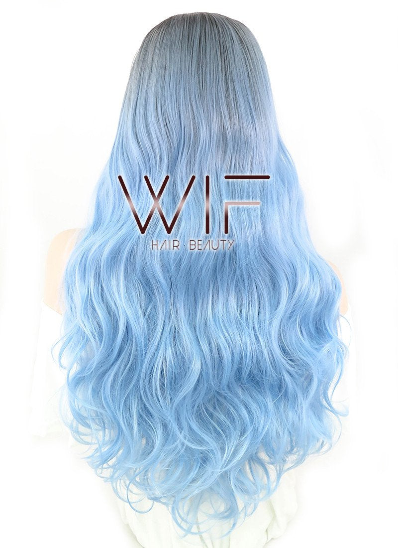 24" Wavy Light Blue With Dark Roots Synthetic Wig PL492