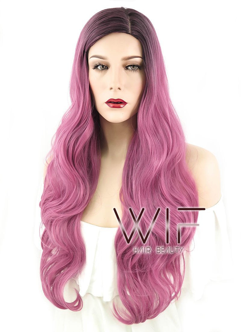 24" Wavy Pink With Dark Roots Synthetic Wig PL493