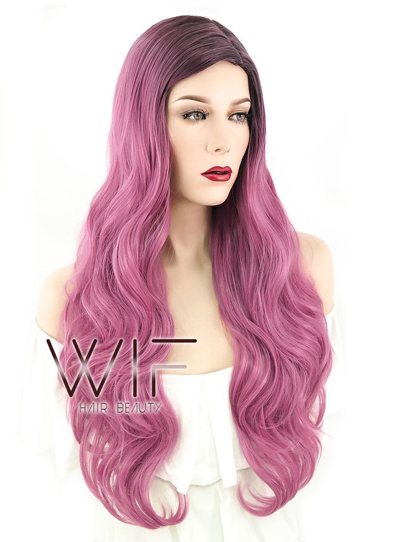 24" Wavy Pink With Dark Roots Synthetic Wig PL493