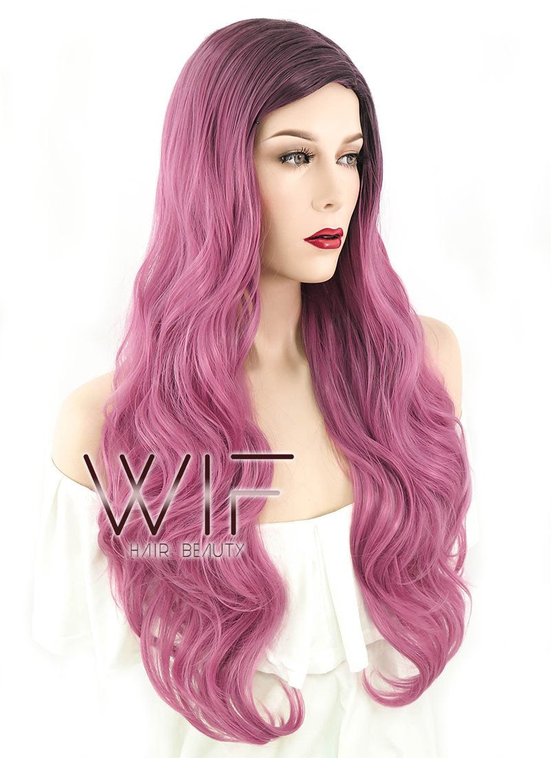 24" Wavy Pink With Dark Roots Synthetic Wig PL493