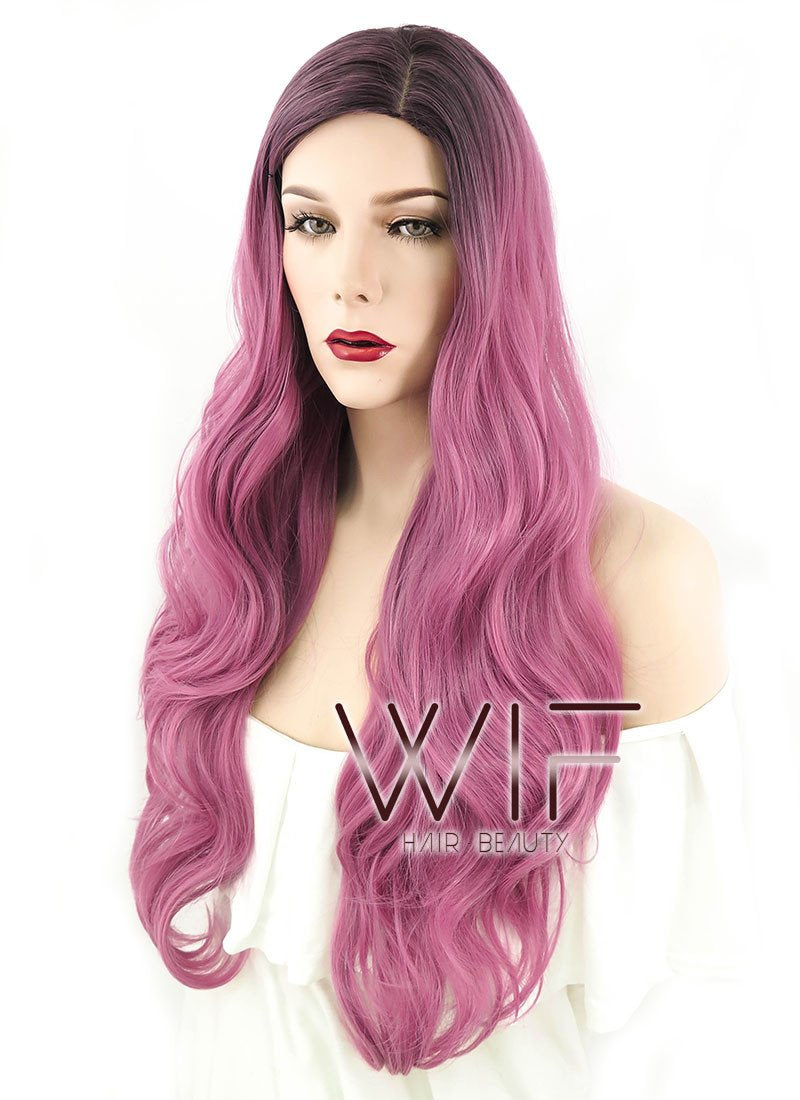 24" Wavy Pink With Dark Roots Synthetic Wig PL493
