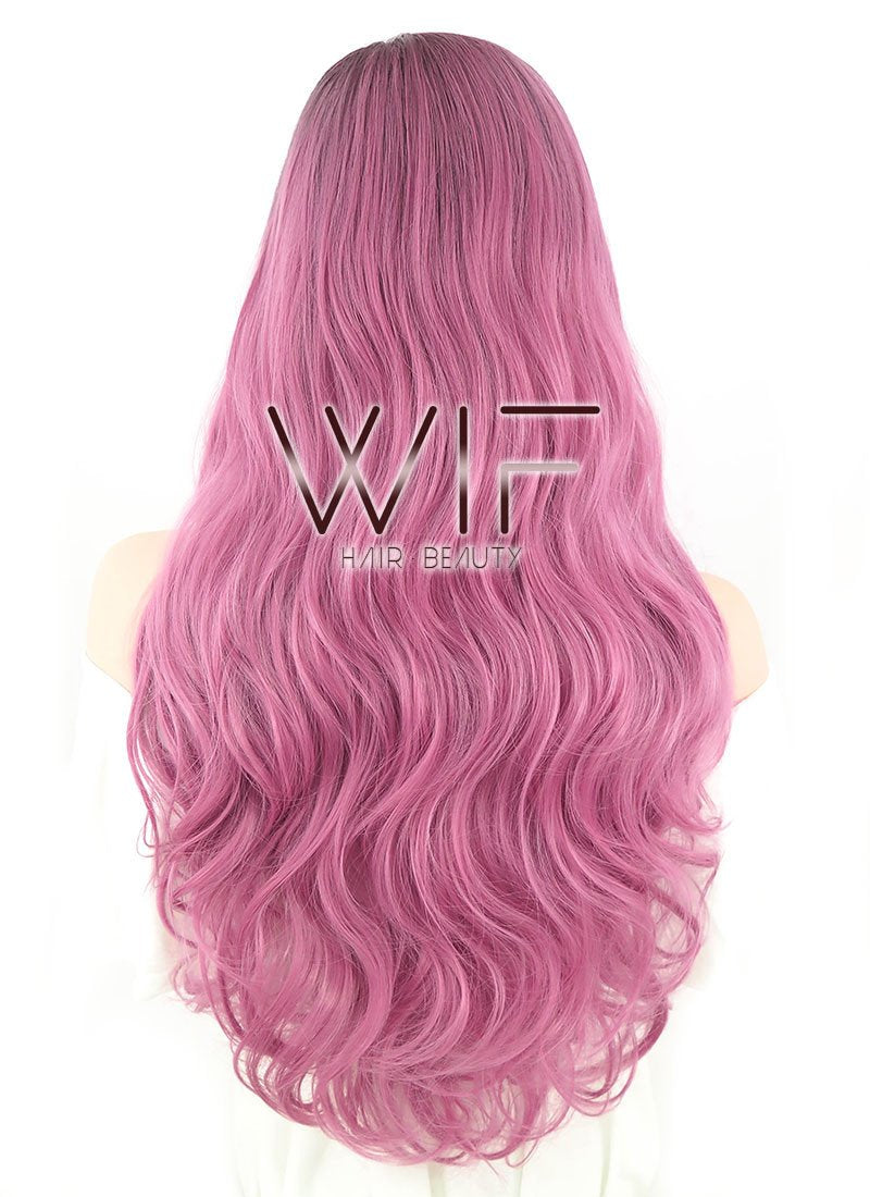 24" Wavy Pink With Dark Roots Synthetic Wig PL493