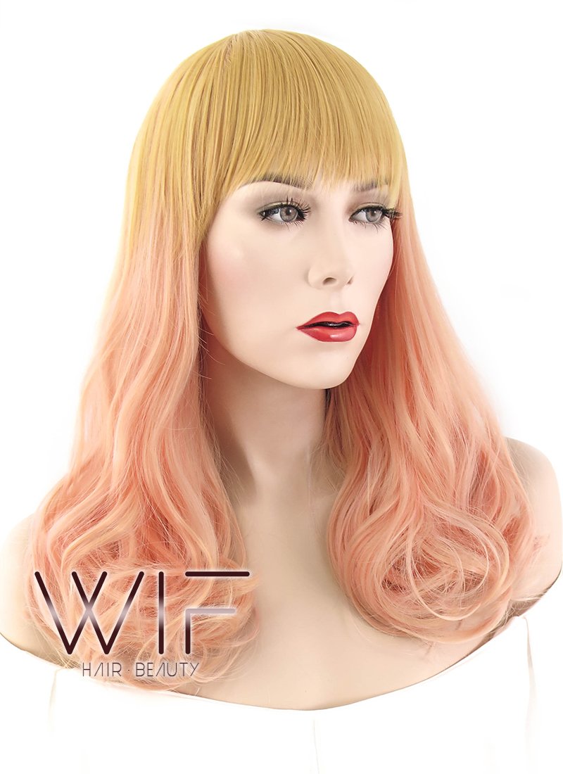 16" Wavy Golden Blonde Mixed Pinkish Orange Synthetic Wig PL497