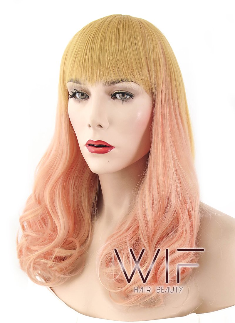 16" Wavy Golden Blonde Mixed Pinkish Orange Synthetic Wig PL497