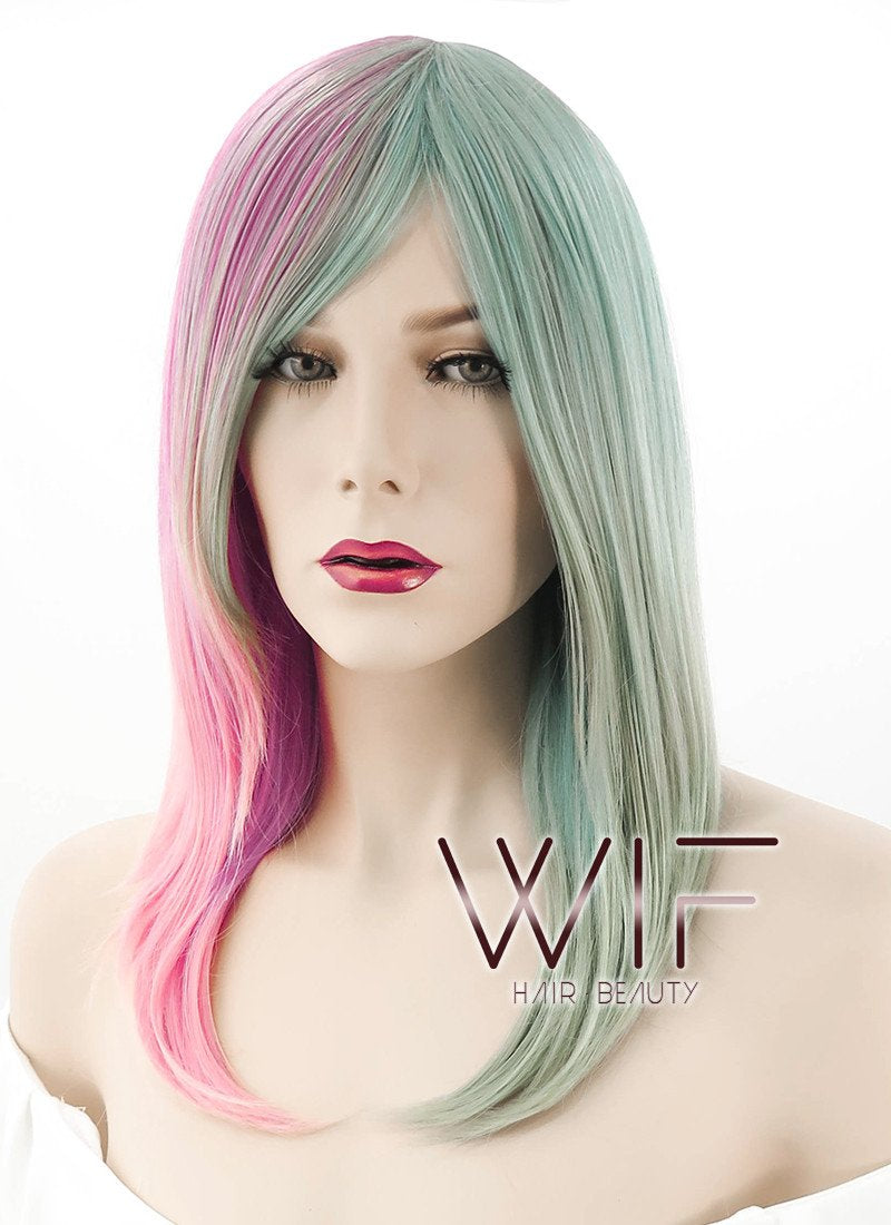 18" Straight Pink Mixed Green Synthetic Wig TX171