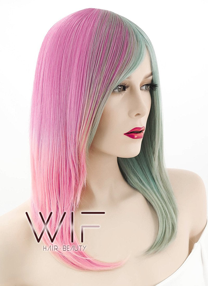 18" Straight Pink Mixed Green Synthetic Wig TX171