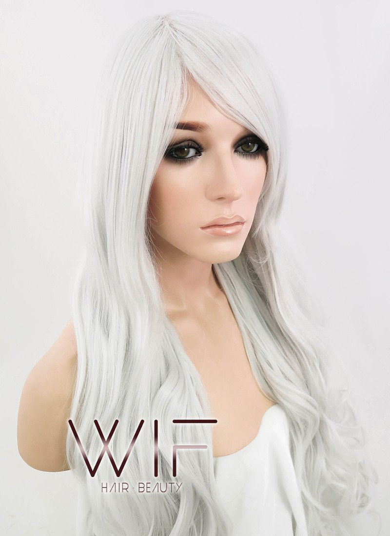 Heat Resistant Long Curly Silver White Fashion Hair Wig