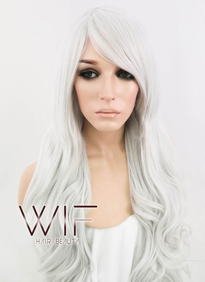 Heat Resistant Long Curly Silver White Fashion Hair Wig