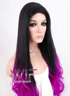26" Long Curly Wavy Black Mixed Purple Fashion Synthetic Hair Wig WIG147