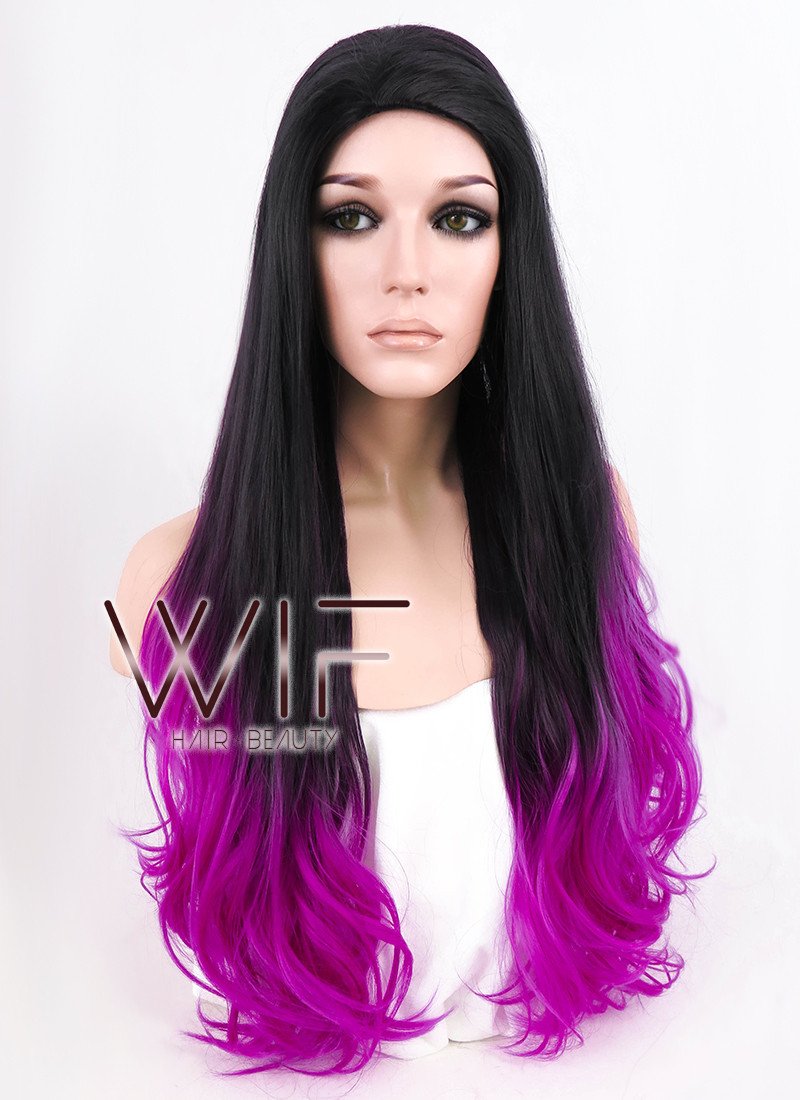 26" Long Curly Wavy Black Mixed Purple Fashion Synthetic Hair Wig WIG147