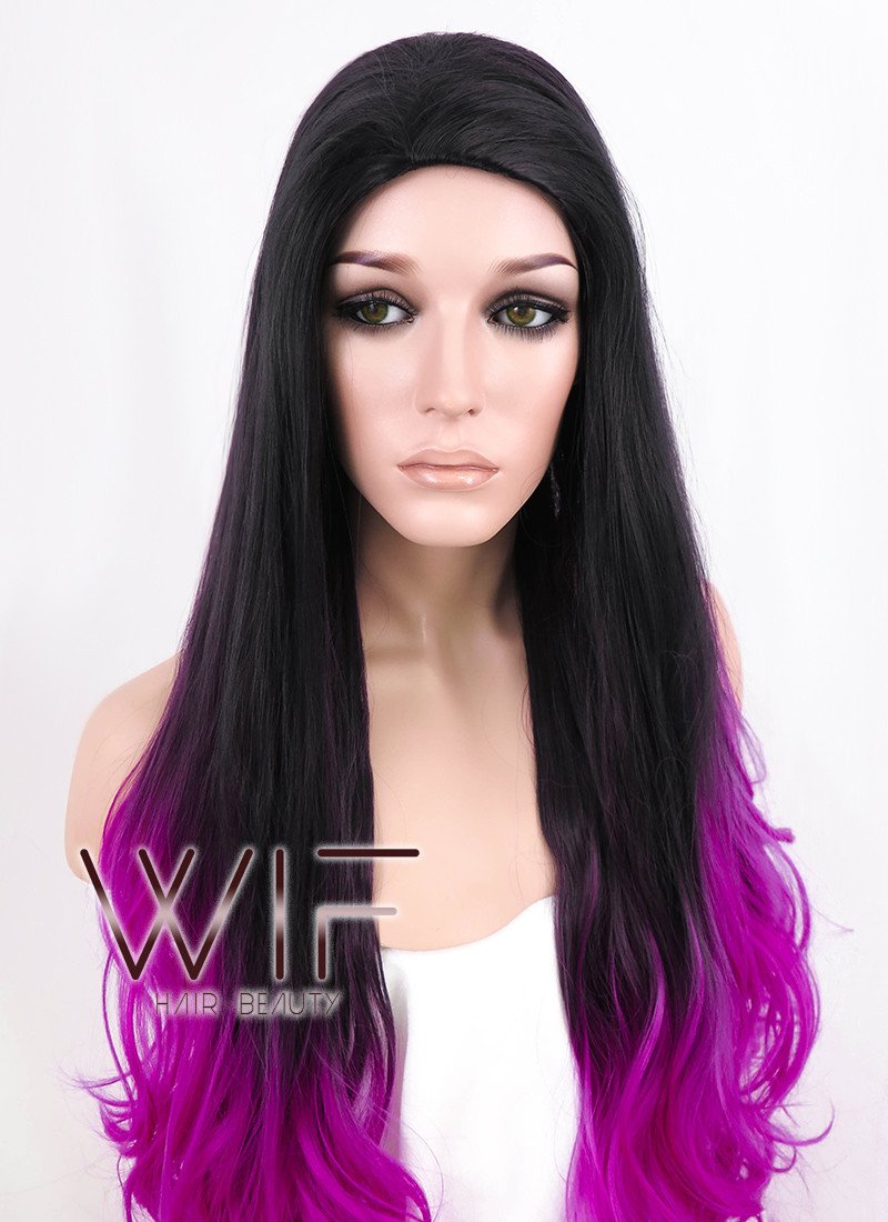 26" Long Curly Wavy Black Mixed Purple Fashion Synthetic Hair Wig WIG147