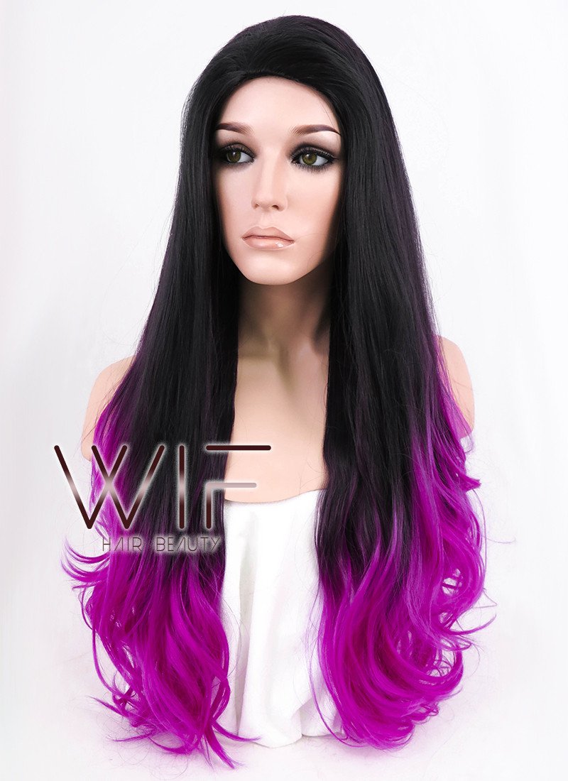 26" Long Curly Wavy Black Mixed Purple Fashion Synthetic Hair Wig WIG147