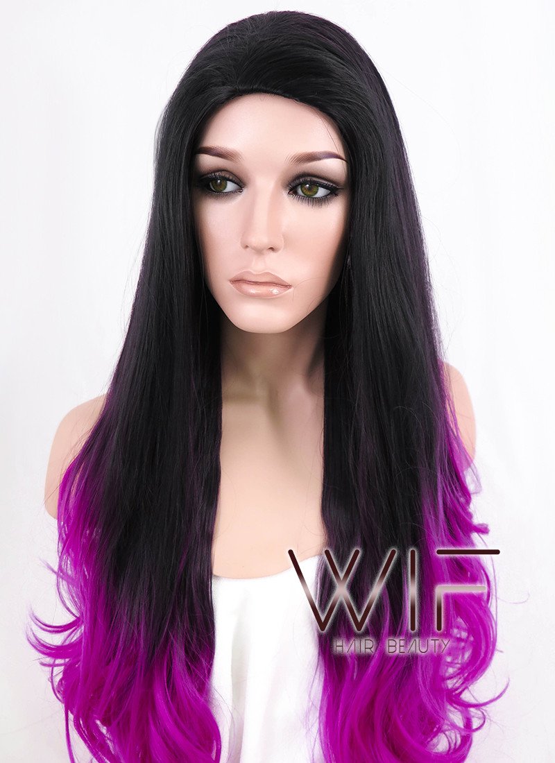 26" Long Curly Wavy Black Mixed Purple Fashion Synthetic Hair Wig WIG147