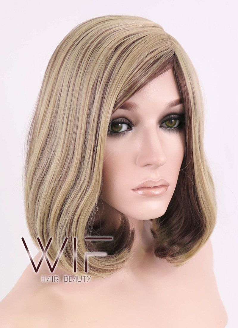 14" Medium Wavy Brown Mixed Blonde Fashion Synthetic Hair Wig WIG152